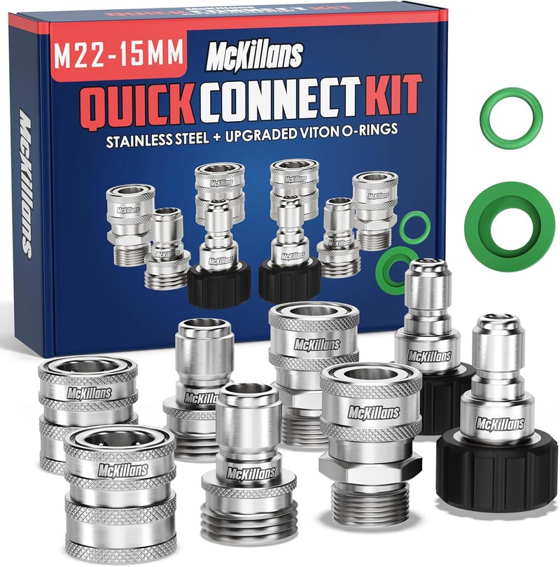 McKillans ® M22-15mm Pressure Washer Quick Connect Kit, M22-15mm to 3/8" Male Female Quick Disconnect Kit for Power Washer (Stainless Steel) - Image 1